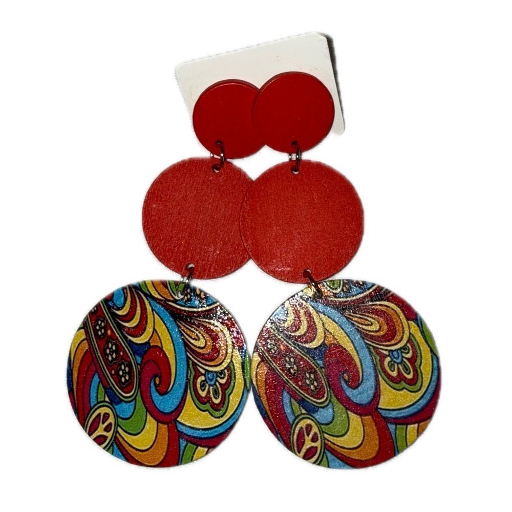 Boho Hippie Wooden Drop Earrings Red Ombre Circles Psychedelic Mandala Accent - Picture 2 of 3